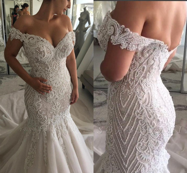 Luxury Pearl Beaded Mermaid Plus Size Wedding Dresses Vintage Off Shoulder African Lace Appliqued Broidal Gown Open Back BC2739