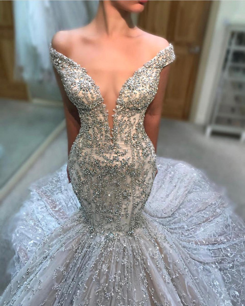 Luxury Silver Sequins Beaded Mermaid Plus Size Wedding Dresses Vintage Off Shoulder African Lace Appliqued Broidal Gown Open Back BC2707