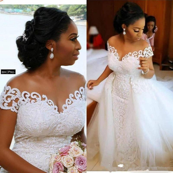 African Plus Size Mermaid Wedding Dresses With Detachable Train Vintage Off Shoulder Lace Appliqued Bridal Gown