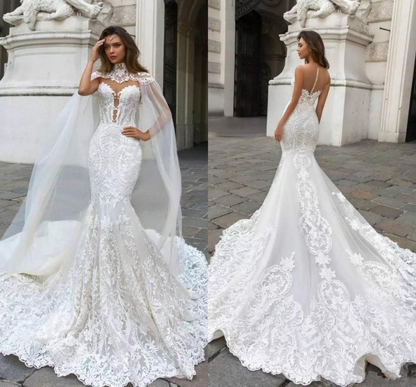 Eleagnt Full Lace Mermaid Wedding Dresses With Shawl Sexy High Neck Bohemian Beach Plus Size Bridal Gown