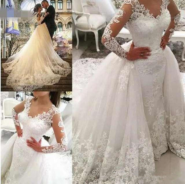 Dubai Lace Mermaid Wedding Dress With Detachable Train Wedding Dresses Long Sleeve Beaded Embroidery Appliques Wedding Gown