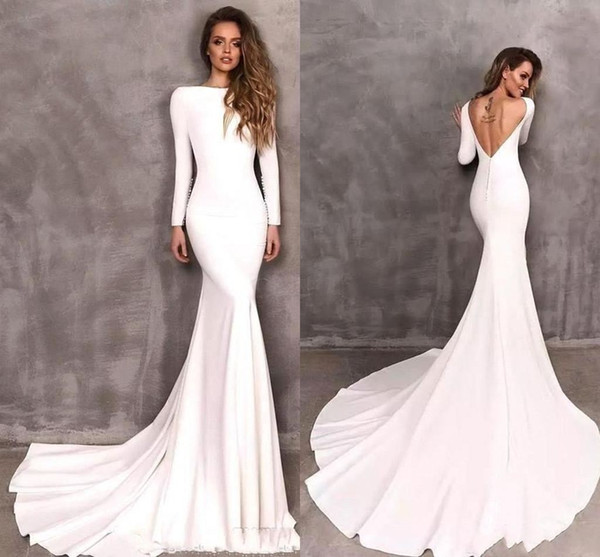 Vintage Satin Backless Mermaid Wedding Dress Cheap White Long Sleeves Beach Bohemian Boho Bridal Gown With Sweep Train BC2402