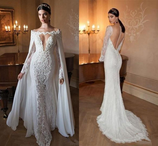 Berta Sexy Mermaid Wedding Dresses with Capes Sleeve Detachable Shawl Chiffon Cape V-neck Long Sleeve Sheer Back Lace Bridal Gown