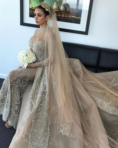 Luxury Champagne Crystal Muslim Mermaid Wedding Dresses With Detachable Train Vintage Long Sleeves High Neck Saudi Arabic Dudai Bridal Gown