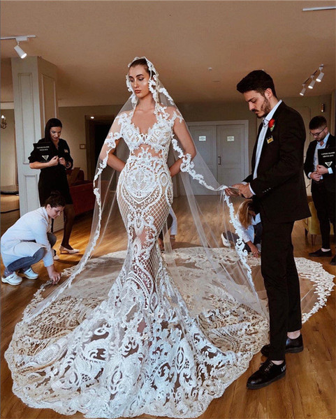 2020 Luxury See Through Lace Appliqued Mermaid Wedding Dresses Sexy Cathedral Train Plus Size Sheath Bridal Gown With Veils