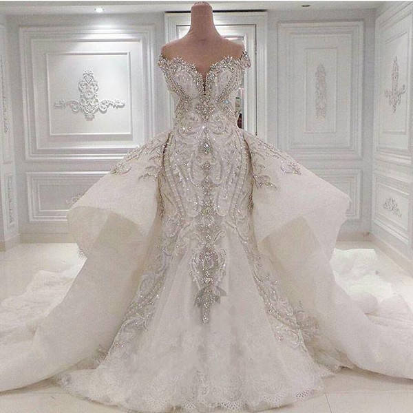 Luxury 2019 Real Image Lace Mermaid Wedding Dresses With Detachable Overskirt Dubai Arabic Portrait Sparkly Crystals Diamonds Bridal Gowns