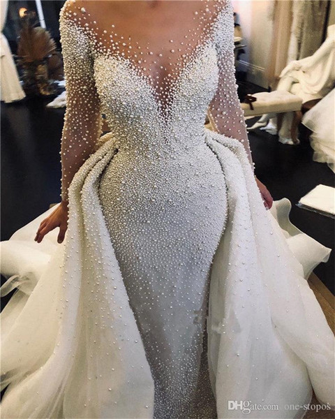 Luxury Full Pearl Beaded Mermmaid Wedding Dresses With Detachable Train Vintage Long Sleeves Saudi Arabic Plus Size Bridal Gown