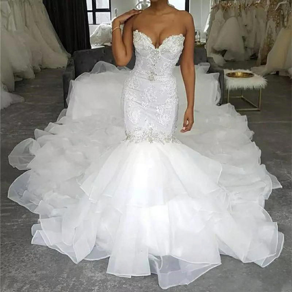 Mermaid Cathedral Wedding Dresses Sweetheart Beading Sequins Lace Appliques Ruffles Bridal Gowns robe de soiree Plus Size Wedding Dress