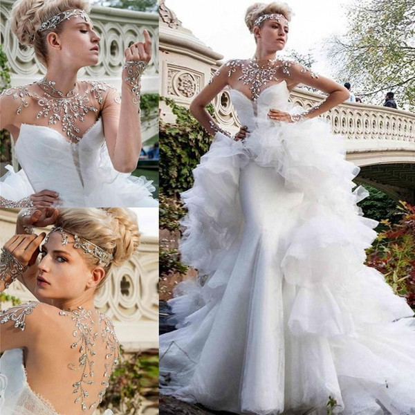 Luxury Rhinestones Beaded Wedding Dresses Sheer High Neck Illusion Long Sleeves Mermaid Bridal Ball Gown Vestidos with Overskirt