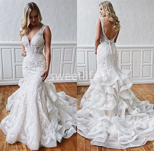 Elegant V Neck Lace Appliques Wedding Dresses Backless Mermaid Ruffles Tiered Oraganza Beach Garden Bridal Gown Custom Made