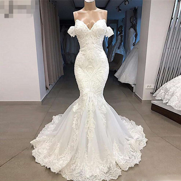 New Arrival Real Image Wedding Dress Mermaid Sweetheart Off Shoulder Lace Appliqued Beads Bridal Wedding Gowns Custom Made