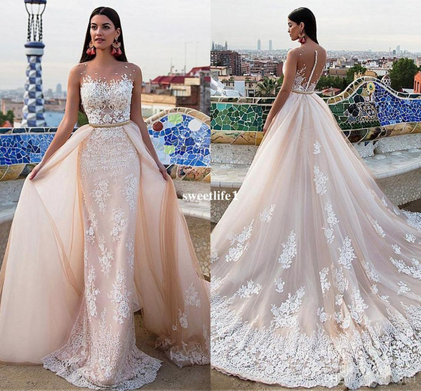 Gorgeous Wedding Dresses Lace Illusion Back with Detachable Overskirt Plus Size Sheer Bridal Gown Garden Bride Dress