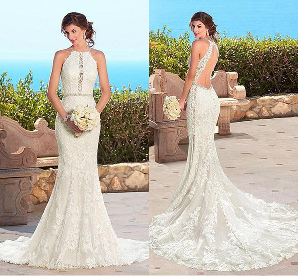 Kitty Chen Lace Mermaid Beach Vintage Wedding Dresses New Halter Neck Backless Beaded Belt Appliques Summer Beach Boho Bridal Gowns