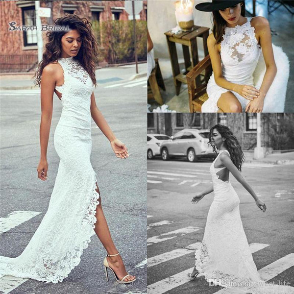 Lace Beach Sheath Wedding Dresses Boho Sexy Illusion Vintage Bridal Gown Plus Size Bride Dress