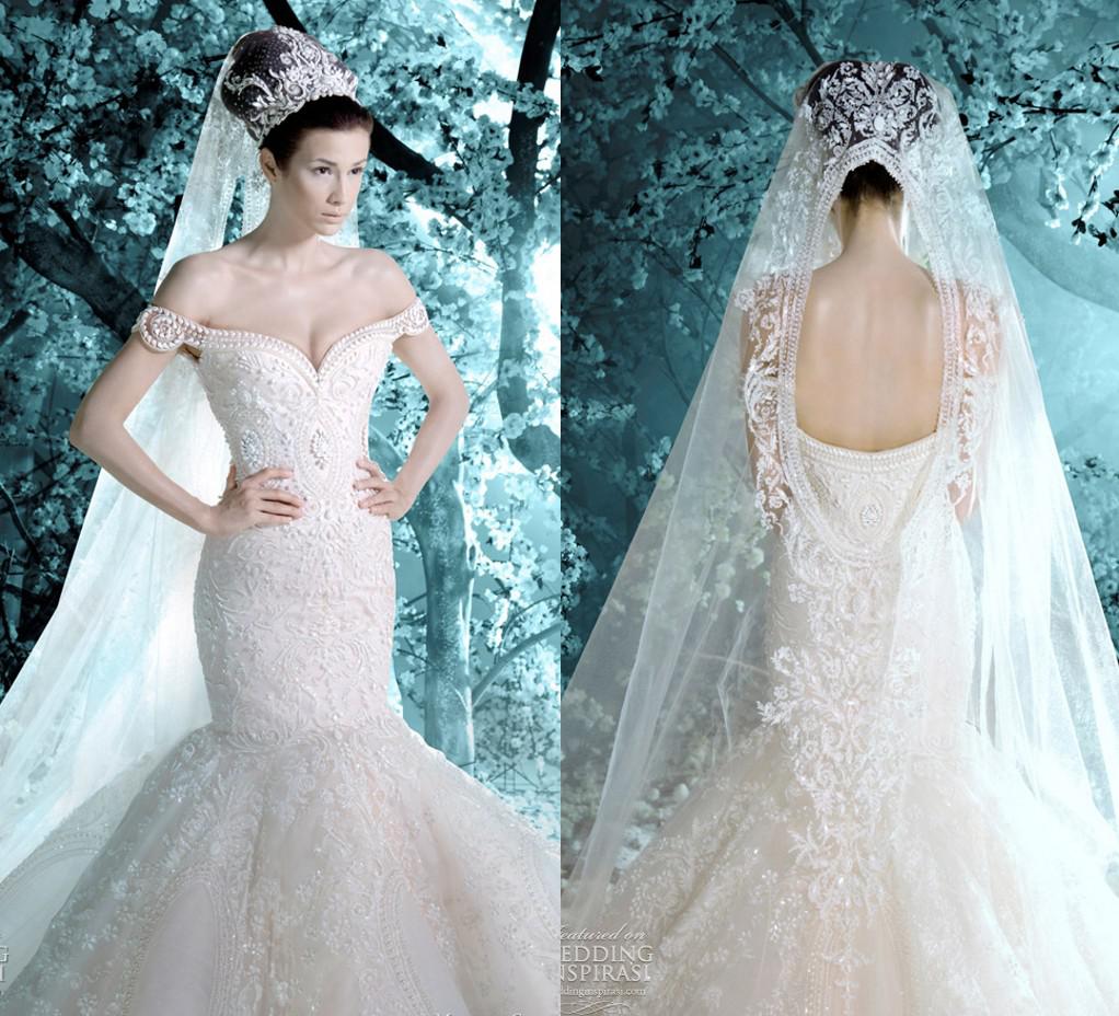 Charming Luxury Wedding Dresses Off Shoulder Appliques Mermaid Crystal Beads Lace Cathedral Train Bridal Dress