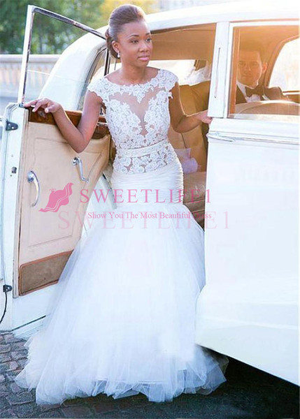 African Mermaid Wedding Dresses White Lace Appliques See Through Bridal Dresses Robe de mariée sirène Backless Bride Dresses