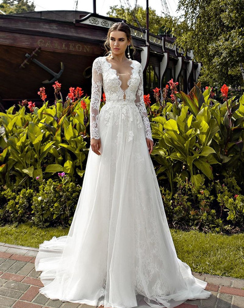 Boho Wedding Dresses A Line Princess Backless Tulle Lace Bride Dress Bridal Gown Long Sleeves