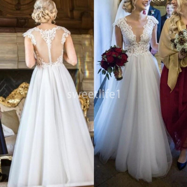 Elegant Sleeveless V-Neck Applique Transparent Back Fashion Lace Sexy A Line Tulle Bridal Wedding Dresses