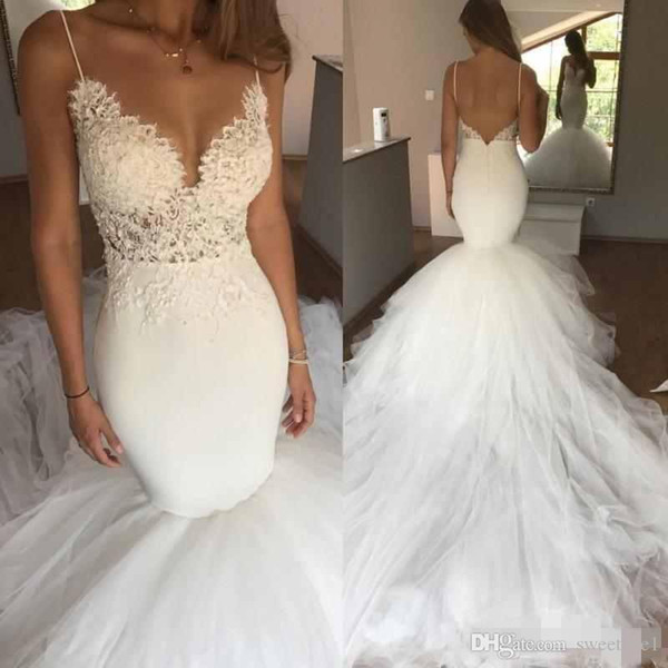 Modest Spaghetti Lace Wedding Dresses Backless Appliques Mermaid Sexy Sweep Tain Bridal Gown Custom Made Beach Wedding