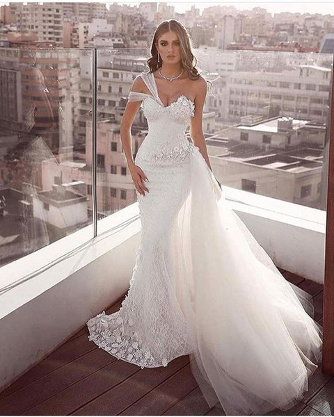 Gorgeous Mermaid Wedding Dresses One Shoulder Detachable Train Mermaid Tulle Lace Bridal Gown Custom Made Hot Sale