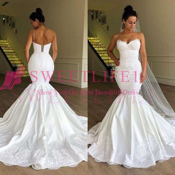 Charming Spaghetti Wedding Dresses Mermaid Lace Appliques Sweep Train Bridal Gown Custom Made Hot Sale robe de mariée Plus Size