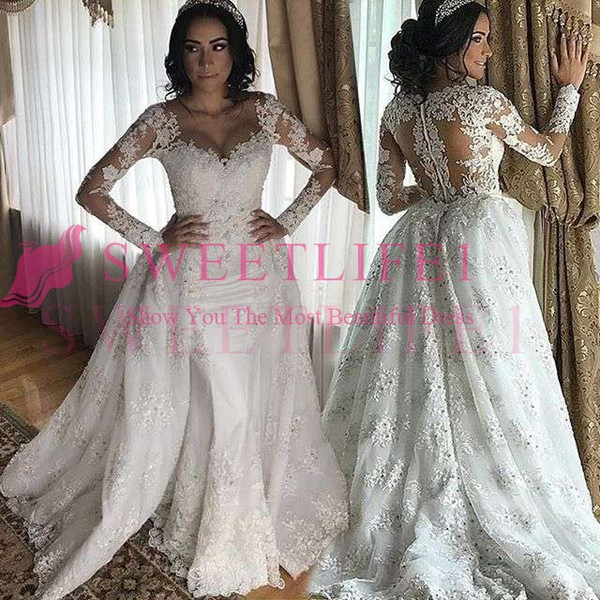 Gorgeous Sheer Jewel Neck Long Sleeve Wedding Dresses Zipper Back Overskirts Lace Appliques Mermaid Sweep Train Bridal Gown Custom Made