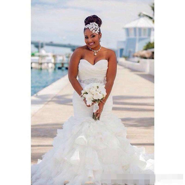 Gorgeous Ruffle Organza Mermaid Plus Size Wedding Dresses Africa Tiers Beads Sash african Country Bridal Gown Train Bride Dress Custom