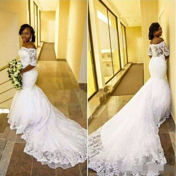 New Design Plus Size Arabic Mermaid Wedding Dresses Short Sleeves Off Shoulder Court Train Lace Vestidos De Novia Bridal Wedding Gowns