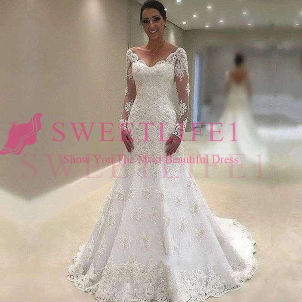 New V Neck Long Sleeve Wedding Dresses Lace Appliques Backless Sweep Train Elegant Bridal Gown Custom Made Hot Sale