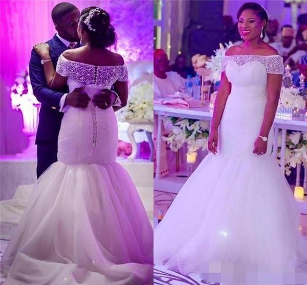 Plus Size Mermaid Wedding Dresses Off Shoulder Beaded Lace Top Trumpet African Sweep Train Church Garden Bridal Gowns Wedding Dress