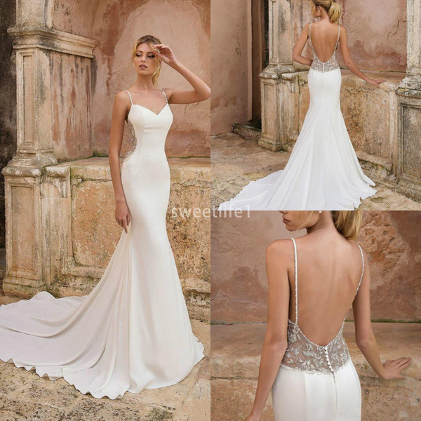 Gorgeous Mermaid Satin Wedding Dresses Spaghetti Straps Backless Luxury Beads Wedding Dress Sweep Train Beach Country Bridal Gowns