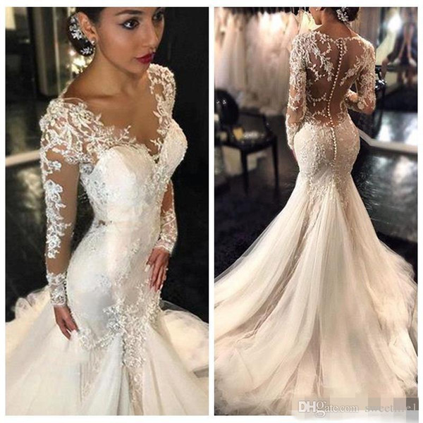 Gorgeous Lace Mermaid Wedding Dresses Dubai African Arabic Style Petite Long Sleeves Sexy Bridal Gowns Plus Size