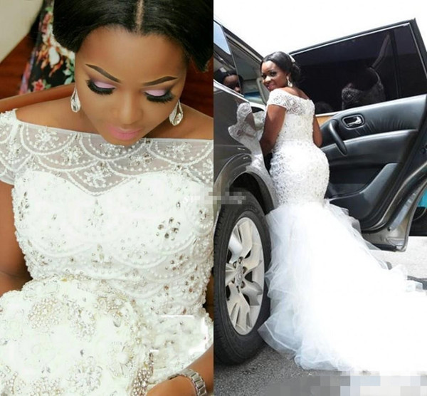 Arabic Nigerian Wedding Dresses Beading Tiered Short Sleeves Long Chapel Train Tulle Mermaid Bridal Gowns