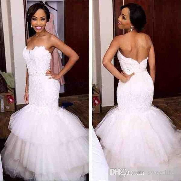 White Mermaid Trumpet Wedding Dresses Sexy Lace Tulle Appliques Sweetheart Tiered Backless Floor Length Bridal Gowns