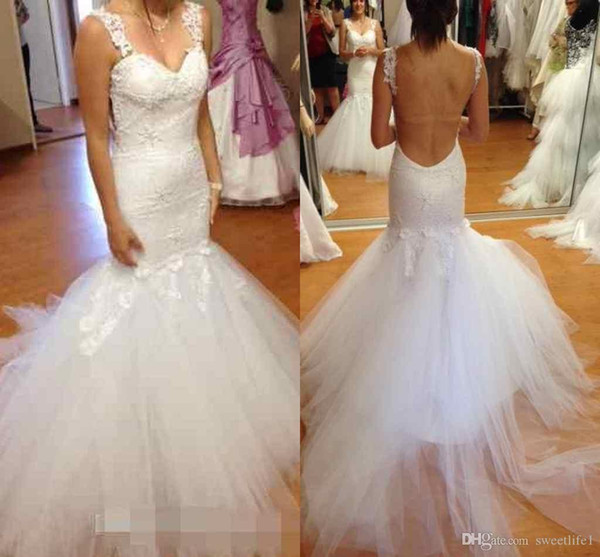 Sexy Wedding Dresses Applique Lace Tulle Mermaid Bridal Dress Gown Plus Size Backless Bride Dress