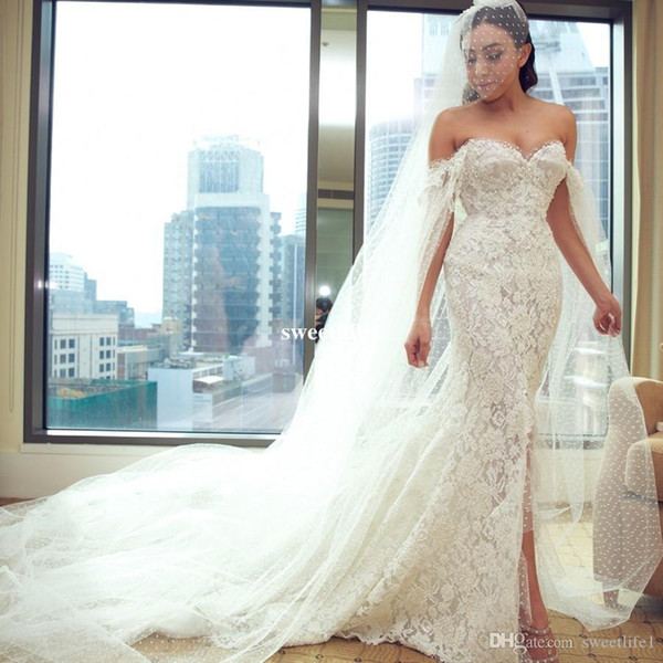 Gorgeous Off Shoulder Mermaid Wedding Dresses Pearls Front Split Garden Plus Size Bridal Gown Custom Made Sexy Bridal Gown