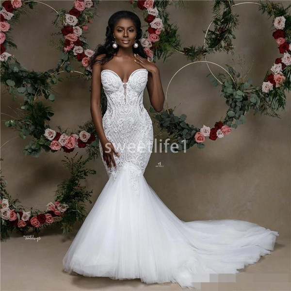 Sexy Beaded Lace Mermaid Wedding Dress African Sweetheart Tull Sweep Train Black Girl Plus Size Beach Wedding Gown