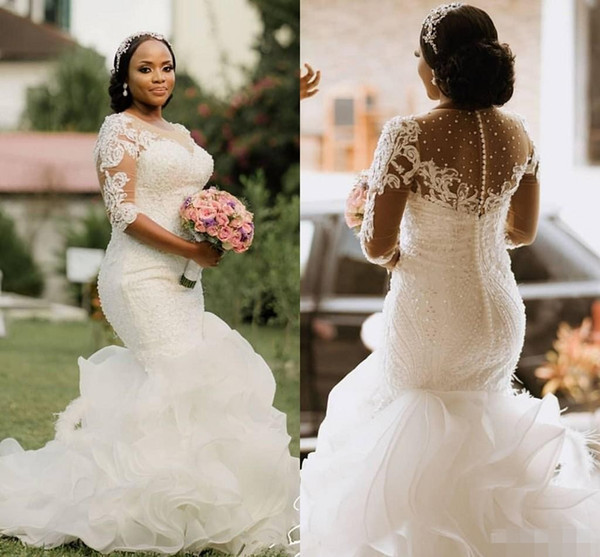 New Mermaid African Wedding Dresses with Half Sleeve Lace Beaded Sheer Back O-neck Ruffles Cathedral Train Trumpet Wedding Gown