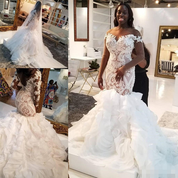 Illusion Long Sleeve African Mermaid Wedding Dresses Plus Size Lace Ruffles Tiered Cathedral Train Trumpet Bride Wedding Gown