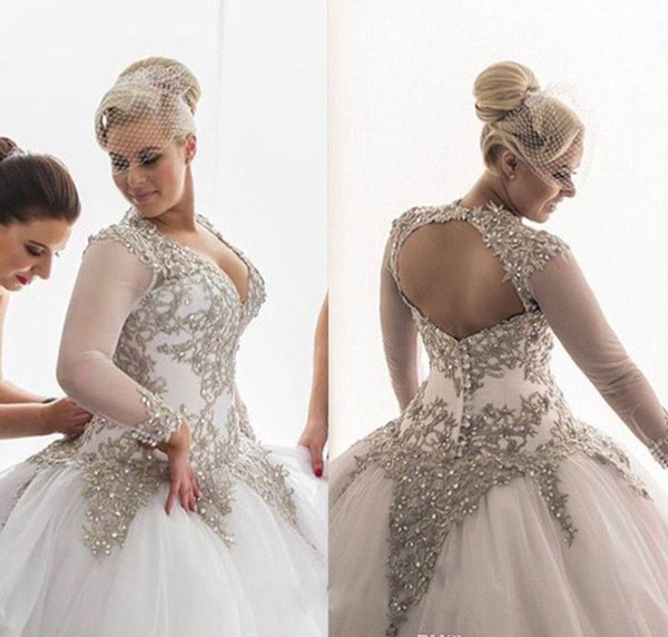 Plus Size Backless Long Sleeves Wedding Dresses Rhinestones Crystals Beaded Bridal Gowns Backless Sheer Ball Gown Bride Dresses