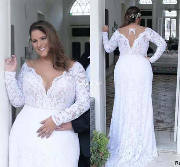 Plus Size Sheer Jewel Neck Wedding Dresses With Long Sleeve Mermaid Full Lace Court Train Bridal Gown Custom Made