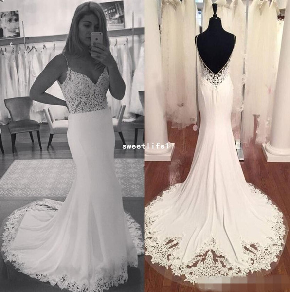 Sexy Backless Boho Wedding Dresses Backless Spaghetti Straps Sweep Train Illusion Chiffon Lace Wedding Reception Dress