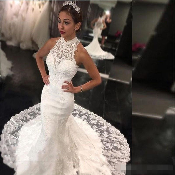 Elegant Full Lace Mermaid Wedding Dresses High Neck Court Train Illusion Bodice Modest White Women Bridal Gowns