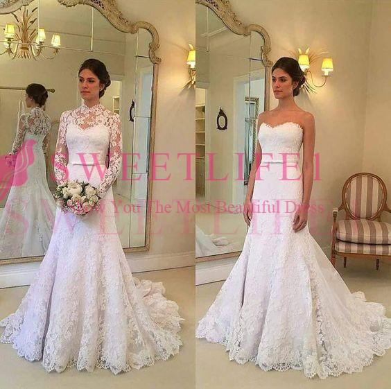 Elegant Long Sleeve Detachable Jacket Wedding Dresses Lace Mermaid Belt Church Style Sweep Train Bridal Gown Custom Made