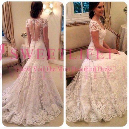 Elegant Vintage Sheer Back Button Wedding Dresses Scoop Neck Mermaid Lace Sweep Train Country Style Bridal Gown Custom Made