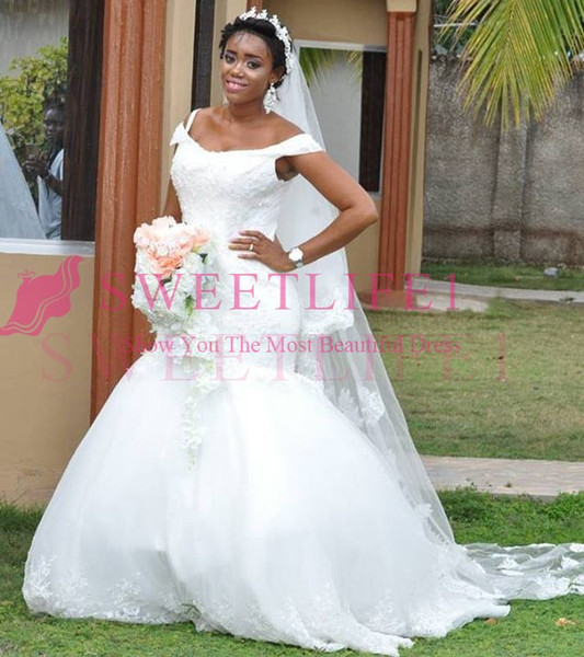 South Africa Style Mermaid Sweep Train Wedding Dresses Off The Shoulder Mermaid Style Tulle Bridal Gown Custom Made