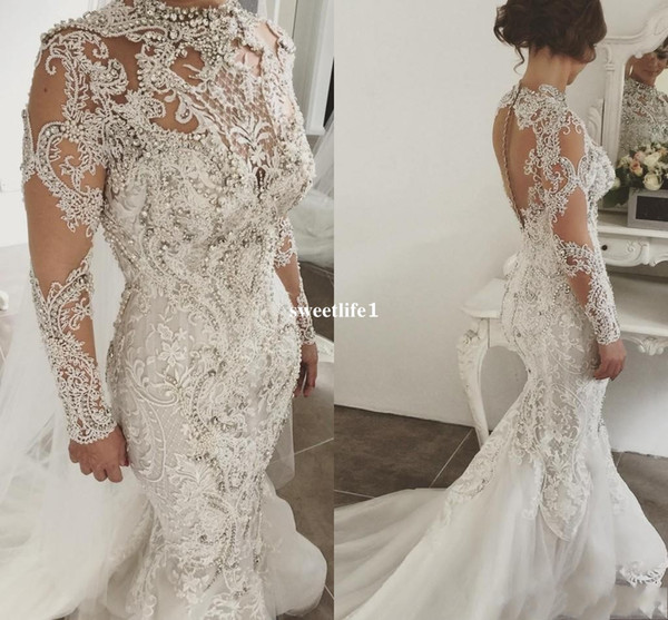 Luxury Robe De Marriage Long Sleeve Wedding Dresses High Neck Lace Applique Crystal Saudi Arabic Bridal Gowns Court Train Custom