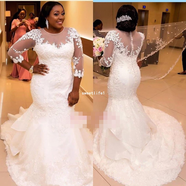 New 3/4 Sleeve Wedding Dresses Sheer Jewel Neck Appliques Zipper Back Mermaid Tiered Skirts South Africa Bridal Gown Custom Made