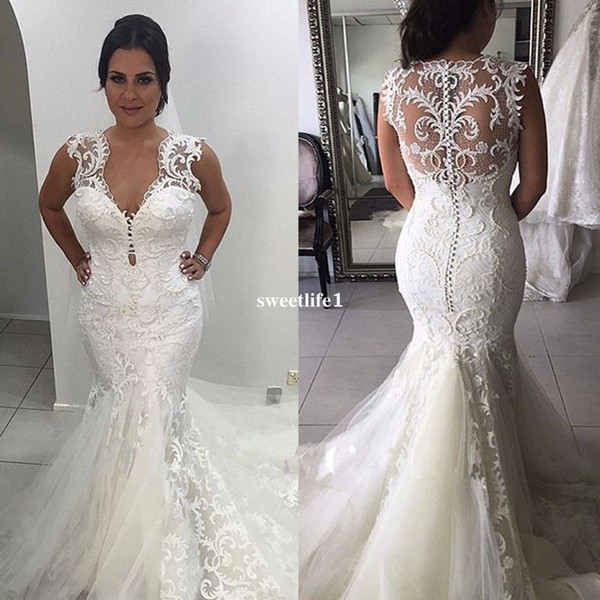 Elegnat V Neck Illusion Back Wedding Lace Appliques Mermaid Back Cover Button Lace Bridal Gown For Garden Wedding Custom Made