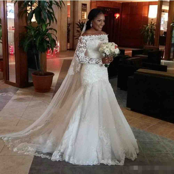 African Sexy Mermaid Wedding Dresses Long Sleeveless Off Shoulder Modest Lace Appliques Beads Bridal Gowns Court Train